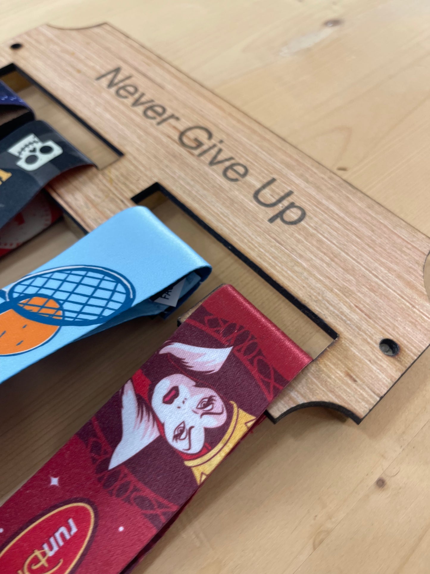 Wooden Race Medal Hanger – Inspirational "Never give up” Wall Display for Athletes