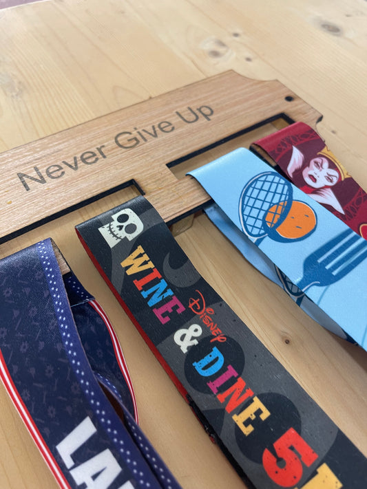 Wooden Race Medal Hanger – Inspirational "Never give up” Wall Display for Athletes