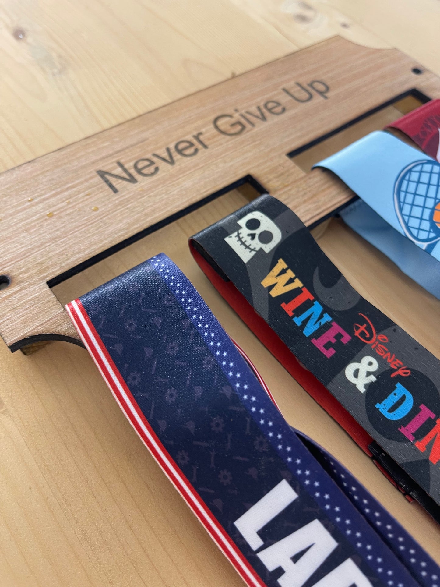 Wooden Race Medal Hanger – Inspirational "Never give up” Wall Display for Athletes