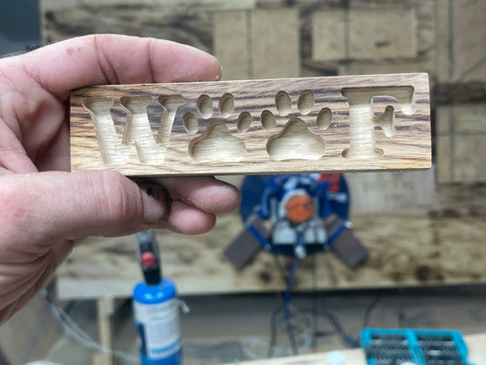 WOOf routed wood desk sign