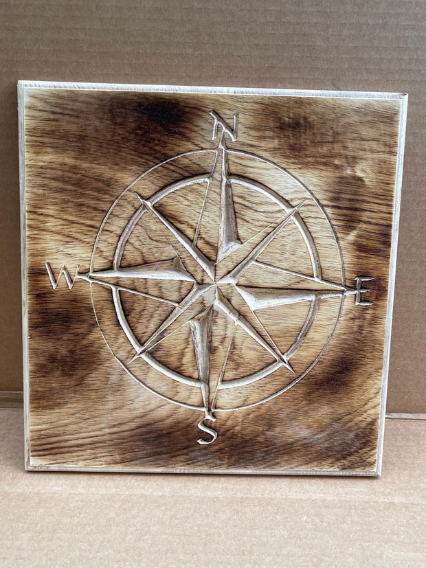 Wood Burnt compass wall sign outdoor adventure awaits the enthusiasts 