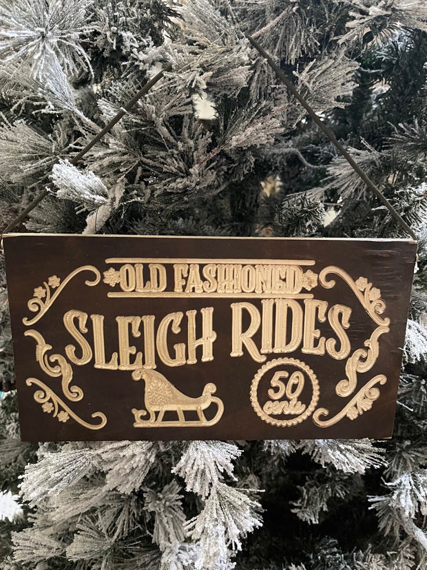 Wood routed christmas sign sleigh rides wall hanging seasonal decor