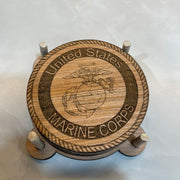 USMC Marine Corps Coaster set with base. Wood burnt with EGA eagle globe and anchor