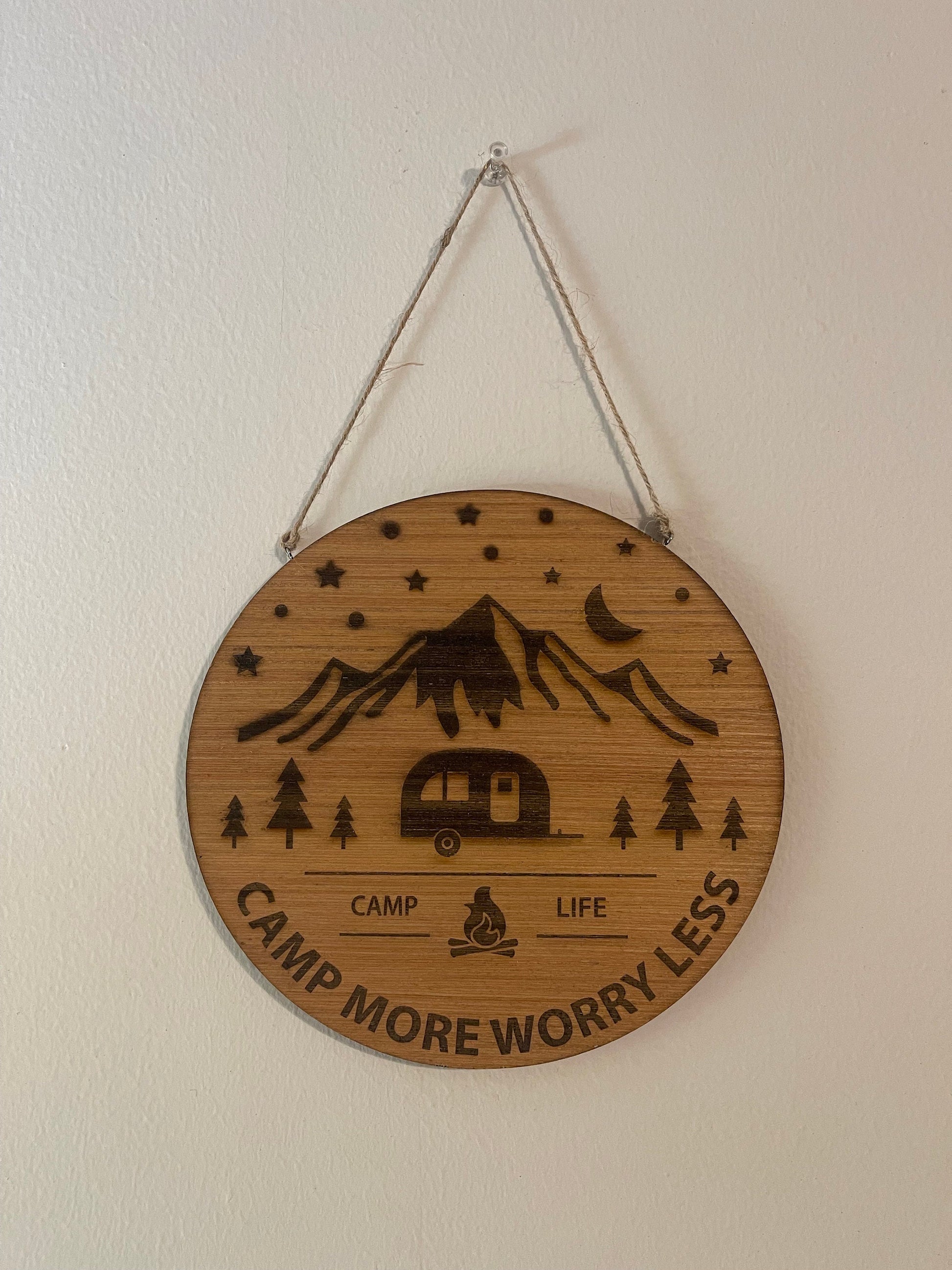 Camp more worry less circle sign mountains RV camper outdoors