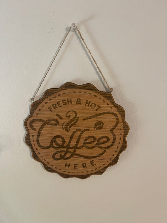 Fresh hot coffee circle wall art hanging wall decor wood burnt sign kitchen breakfast nook