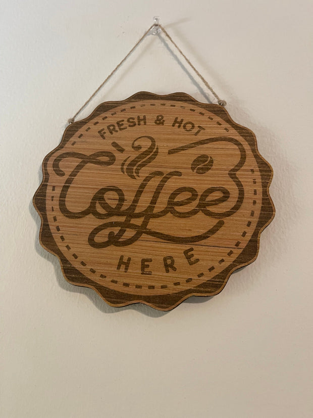 Fresh hot coffee here wood hanging wall sign decor