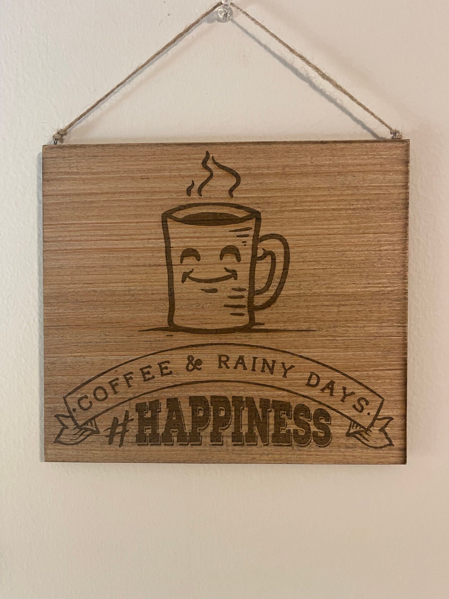 Coffee and rainy days home decor wall hanging wood sign happiness