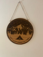 Lets sleep under the start cirlce outdoor enthusiasts mountain with tent wood burnt wall hanging sign