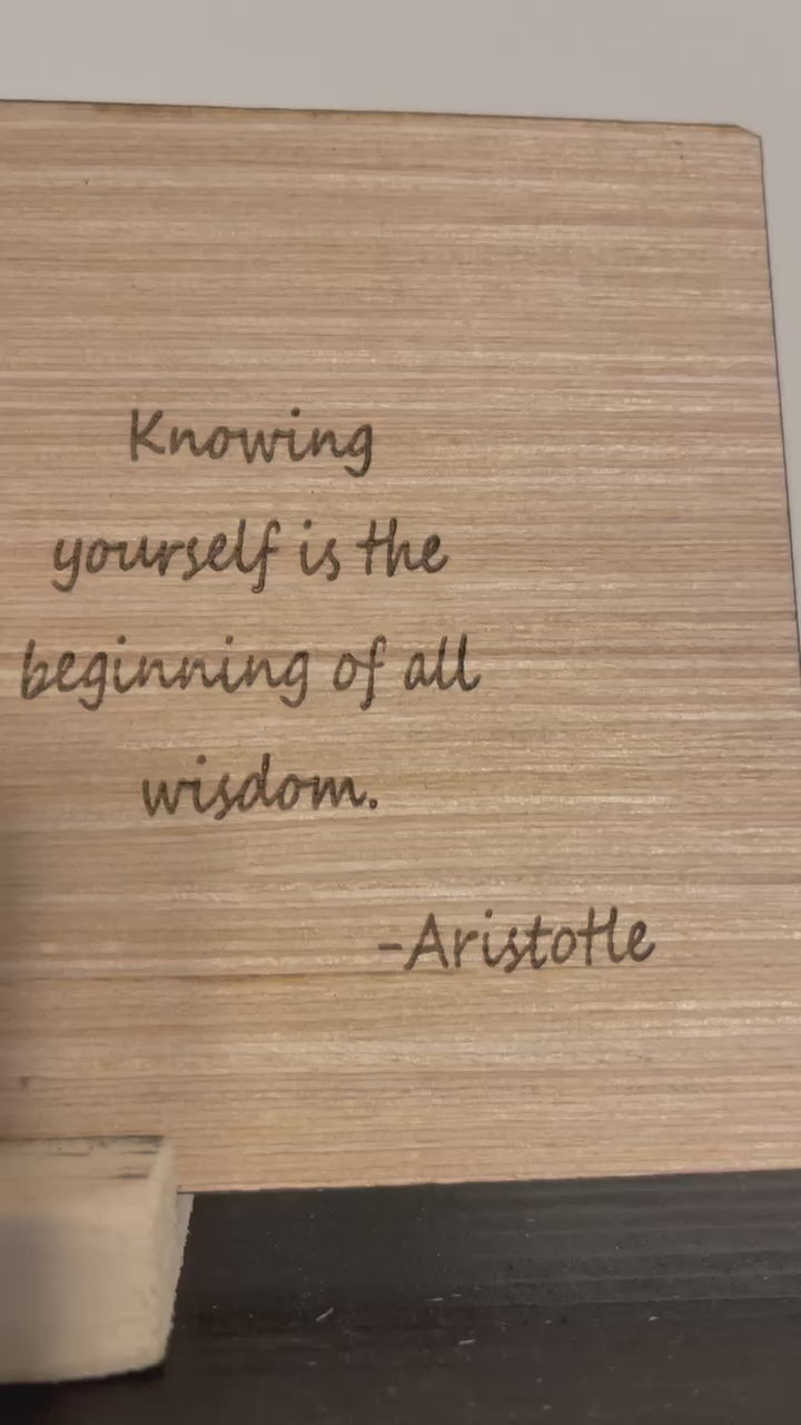 Know yourself is the beginning of all wisdom wood burnt desk sign for office home decor 